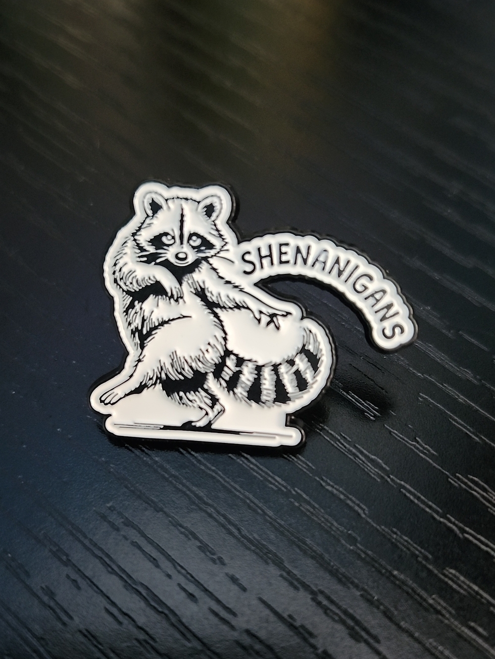 Shenanigans Raccoon Enamel Pin - White and Black